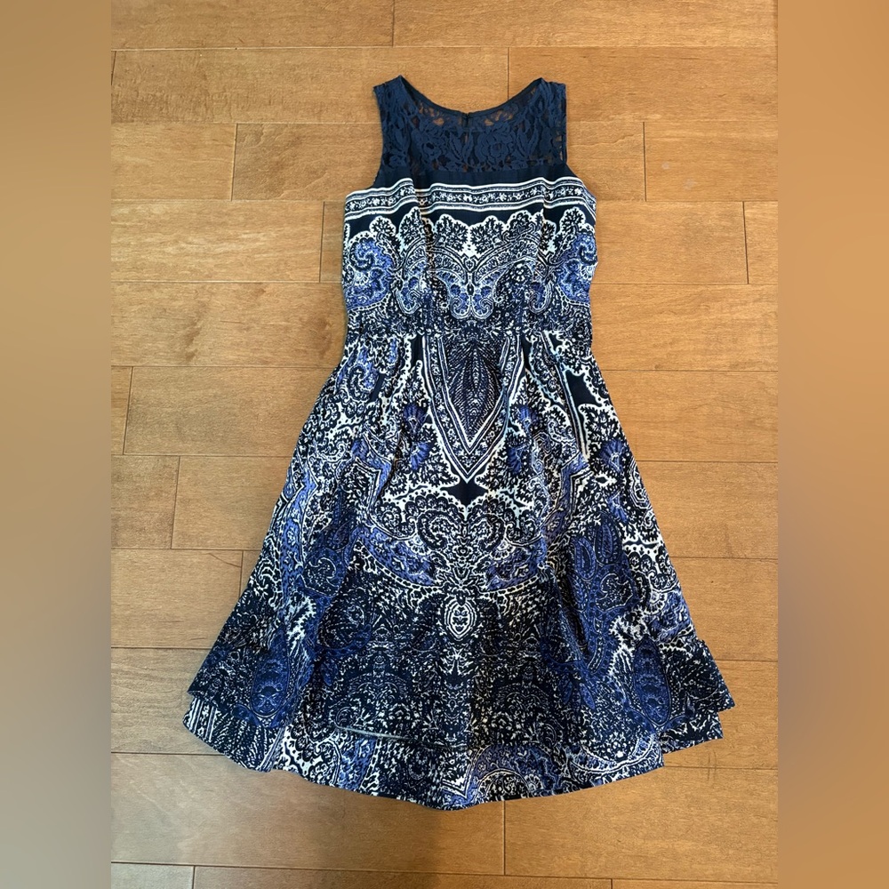 Gabby Skye lace dress damask print navy and white